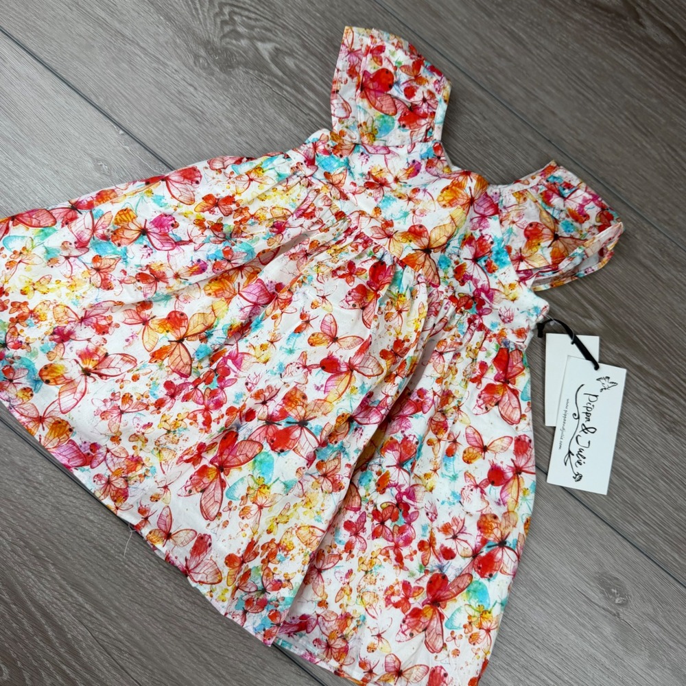Pippa & Julie Girls Dress Butterfly Print Flutter Sleeve Coral Multi 12M